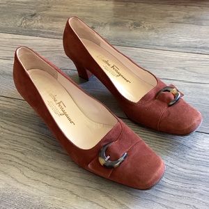 Salvatore Ferragamo Moena Cognac Suede Tortoise shell buckle Pumps